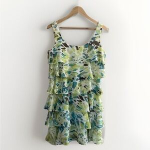SCARLETT PETITE Tiered Ruffle Dress 12P Green Abstract Cotton Blend Cute Swing